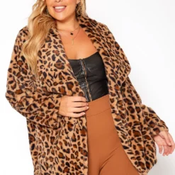 Asoph Plus Size Faux Fur Leopard Print Coat