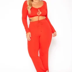 Asoph Plus Size Ribbed Knit Crop Top & Pants Set