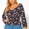 Asoph Plus Size Floral Print Smocked V Neck Top