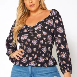 Asoph Plus Size Floral Print Smocked V Neck Top