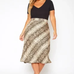 Asoph Plus Size Snakeskin Print Satin Midi Skirt