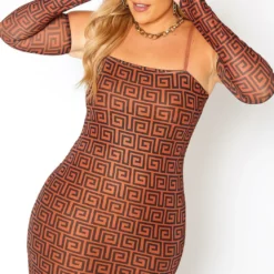 Asoph Plus Size Greek Key Print Bodycon Mini Dress & Glove Set