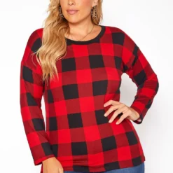 Asoph Plus Size Plaid Print Long Sleeve Top