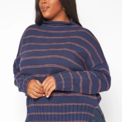 Plus Size Striped High Neck Knit Sweater -Radiant Drape Sales 2018633 117 2