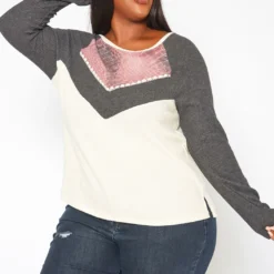 Plus Size Color Block Long Sleeve Knit Top