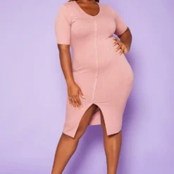 Plus Size Button Front Bodycon Midi Dress