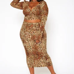 Asoph Plus Size Leopard Print Wrap Crop Top & Midi Skirt Set