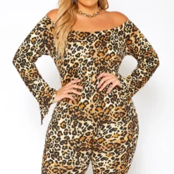 Asoph Plus Size Leopard Print Off Shoulder Romper