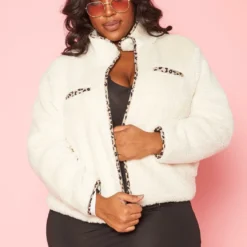 Plus Size High Neck Leopard Trim Knit Jacket