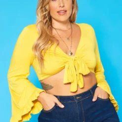 Plus Size Wide Flare Long Sleeve Tie Front Top