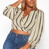 Plus Size Chainlink Striped Print Wrap Crop Top