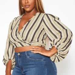 Plus Size Chainlink Striped Print Wrap Crop Top -Radiant Drape Sales 2018774 135 2