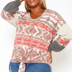 Plus Size Aztec Print Tie Front Sweater