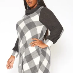 Plus Size Plaid Print Funnel Neck Mini Dress -Radiant Drape Sales 2018802 107 2