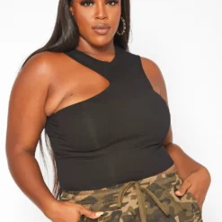 Plus Size Ribbed Knit Asymmetric One Sleeve Top