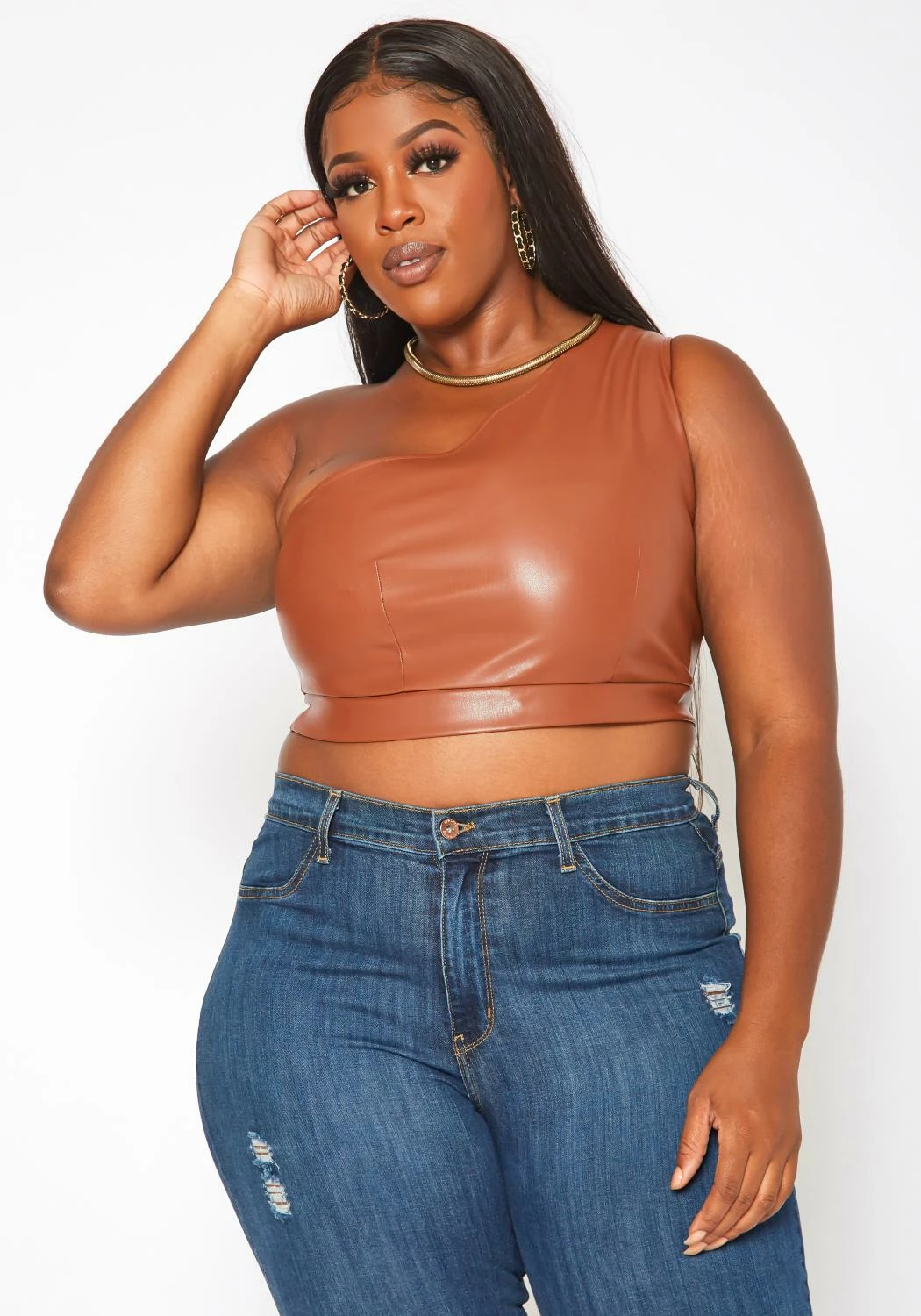 Plus Size Faux Leather One Sleeve Crop Top 1 Plus Size Faux Leather One Sleeve Crop Top