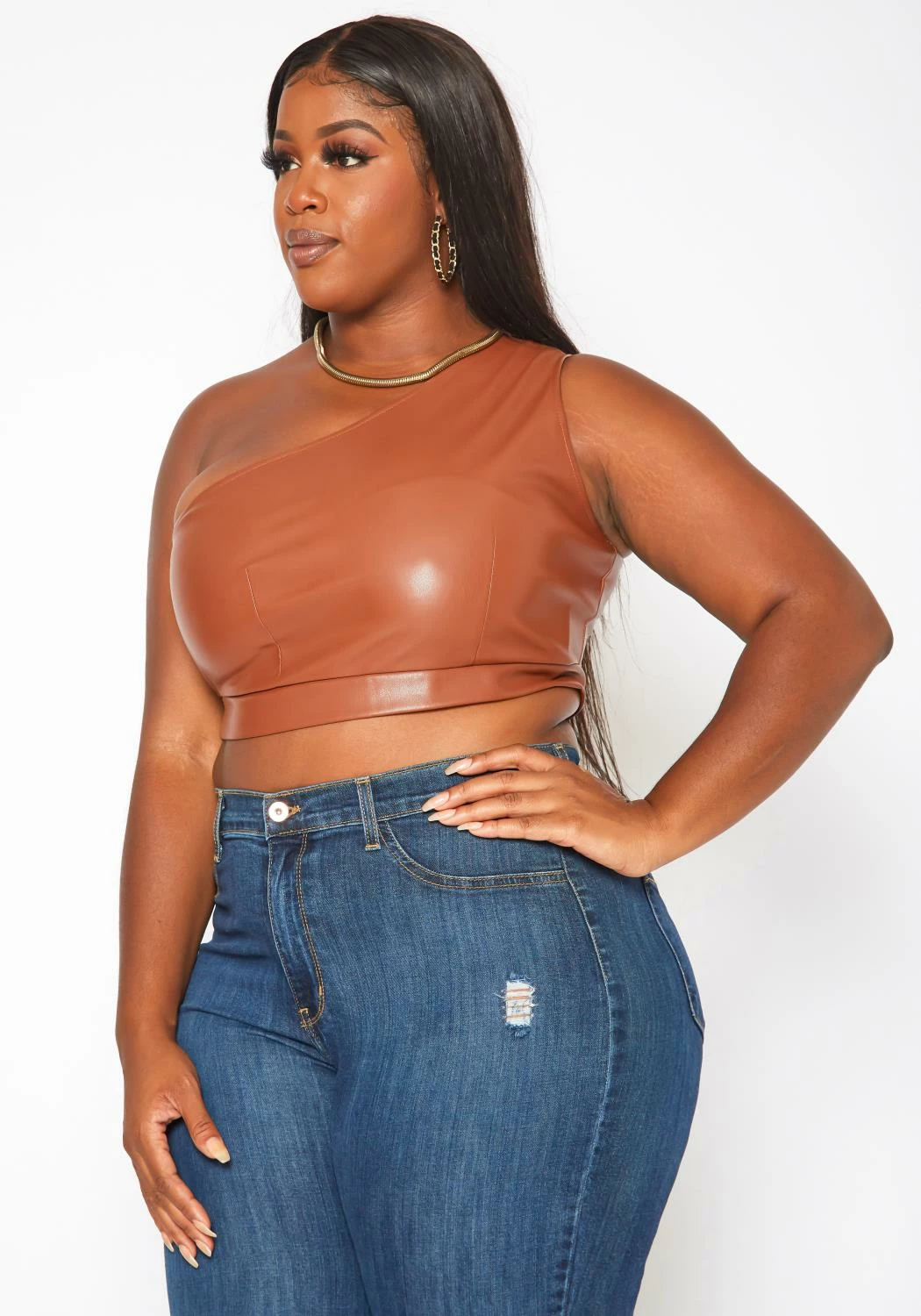 Plus Size Faux Leather One Sleeve Crop Top 3 Plus Size Faux Leather One Sleeve Crop Top - Image 3