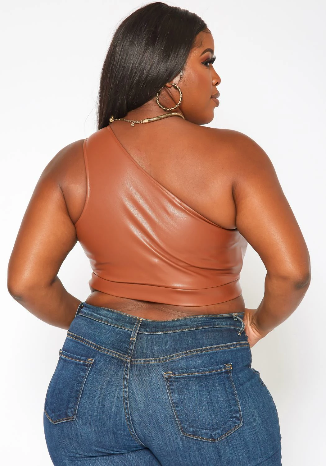 Plus Size Faux Leather One Sleeve Crop Top 4 Plus Size Faux Leather One Sleeve Crop Top - Image 4
