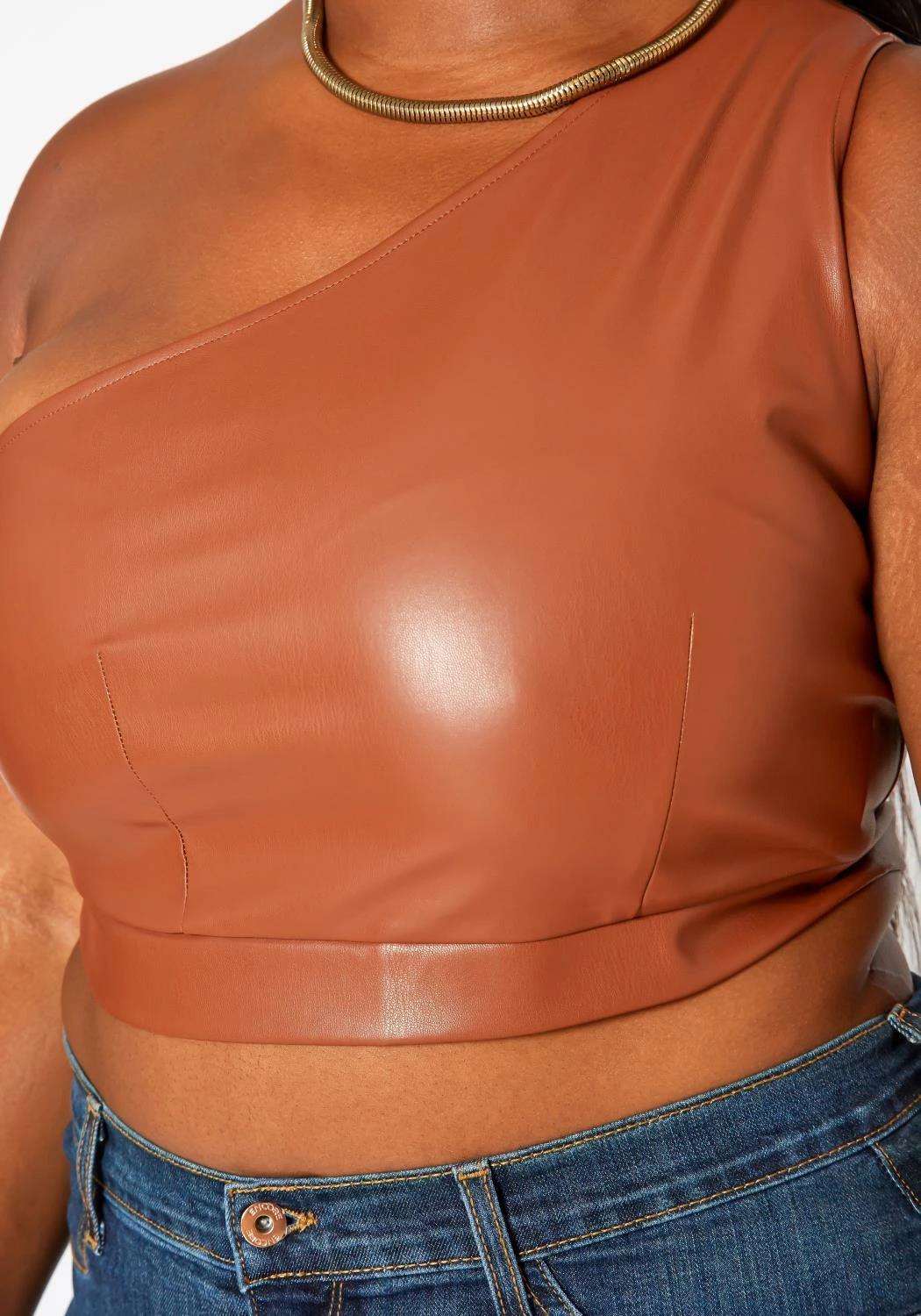 Plus Size Faux Leather One Sleeve Crop Top 5 Plus Size Faux Leather One Sleeve Crop Top - Image 5