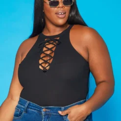 Plus Size Cross Lace Front Tank Top