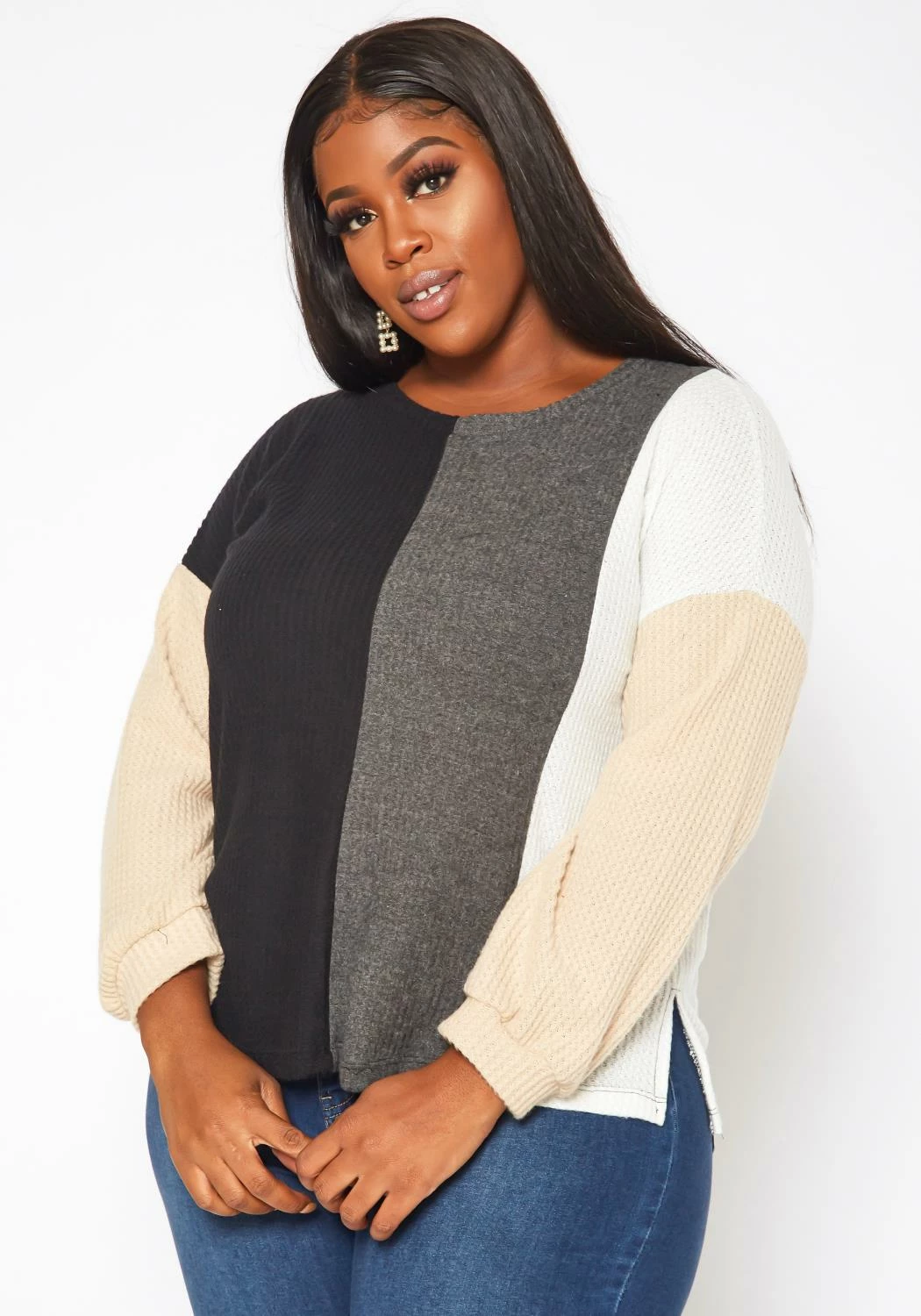 Plus Size Color Block Waffle Knit Sweater 2 Plus Size Color Block Waffle Knit Sweater - Image 2