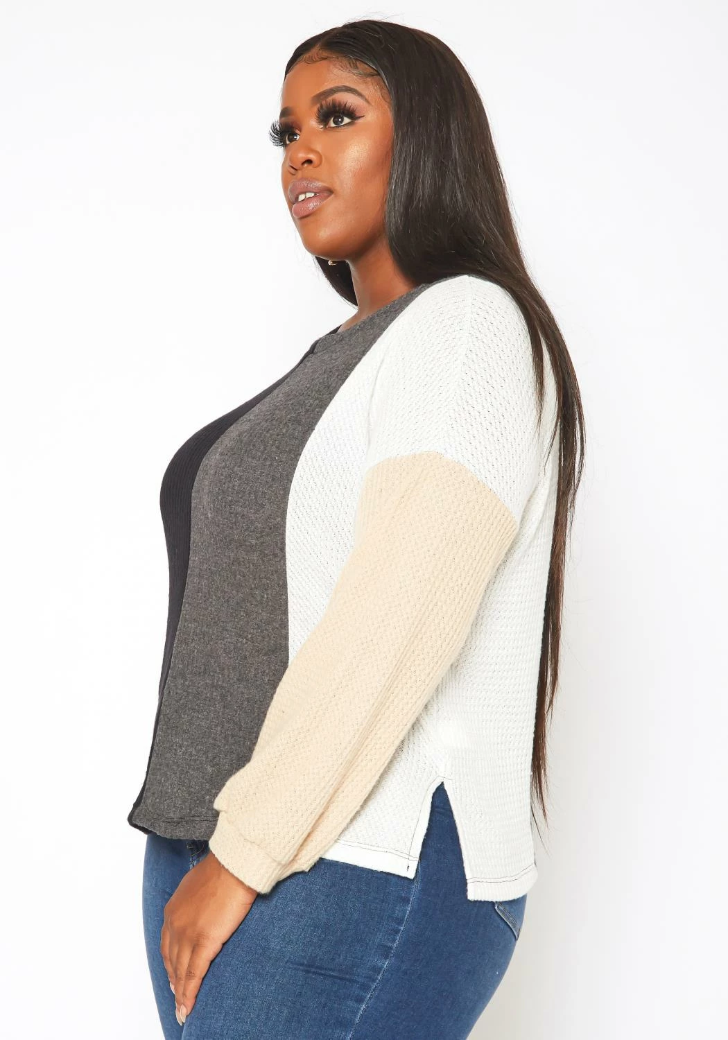Plus Size Color Block Waffle Knit Sweater 3 Plus Size Color Block Waffle Knit Sweater - Image 3