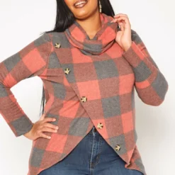 Plus Size Plaid Print Funnel Neck Sweater