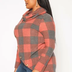 Plus Size Plaid Print Funnel Neck Sweater -Radiant Drape Sales 2018850 110 2