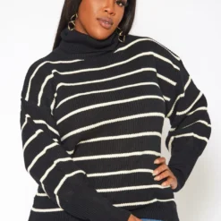 Plus Size Striped Print Turtleneck Sweater