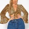 Plus Size Leopard Print Tie Front Crop Top