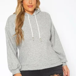 Plus Size Ribbed Knit Hooded Sweater