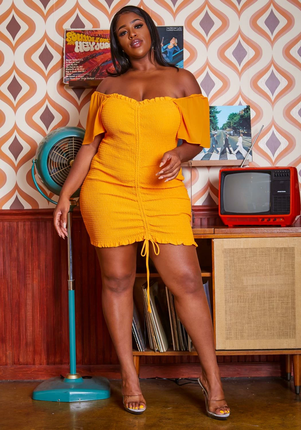 Plus Size Smocked Drawstring Off Shoulder Mini Dress 2 Plus Size Smocked Drawstring Off Shoulder Mini Dress - Image 2