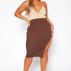 Plus Size High Waist Ribbed Midi Skirt
