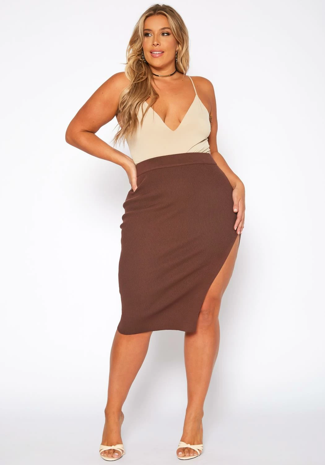 Plus Size High Waist Ribbed Midi Skirt 1 Plus Size High Waist Ribbed Midi Skirt