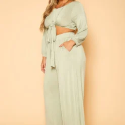 Plus Size Tie Front Crop Top & Pants Set -Radiant Drape Sales 2019092 151 2