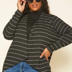 Plus Size Casual Striped Open Front Cardigan
