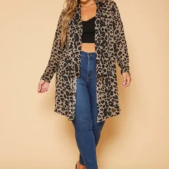 Plus Size Leopard Print Drape Front Cardigan