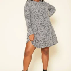 Plus Size Spotted Long Sleeve Flare Mini Dress