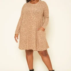 Plus Size Spotted Long Sleeve Flare Mini Dress