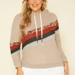 Plus Size Multi Striped Hooded Sweater