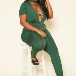 Plus Size Deep V Neck Bodycon Jumpsuit