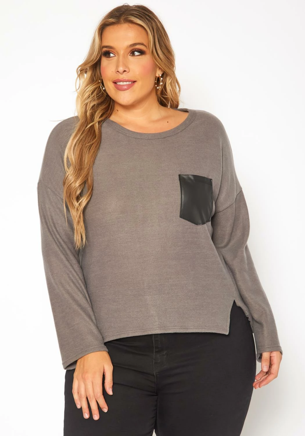 Plus Size Faux Leather Pocket Hem Sweater 2 Plus Size Faux Leather Pocket Hem Sweater - Image 2