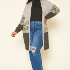 Plus Size Camo Print Open Front Cardigan