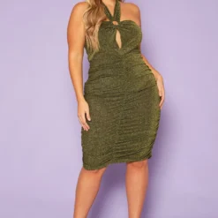 Plus Size Golden Shimmer Halter Neck Midi Dress