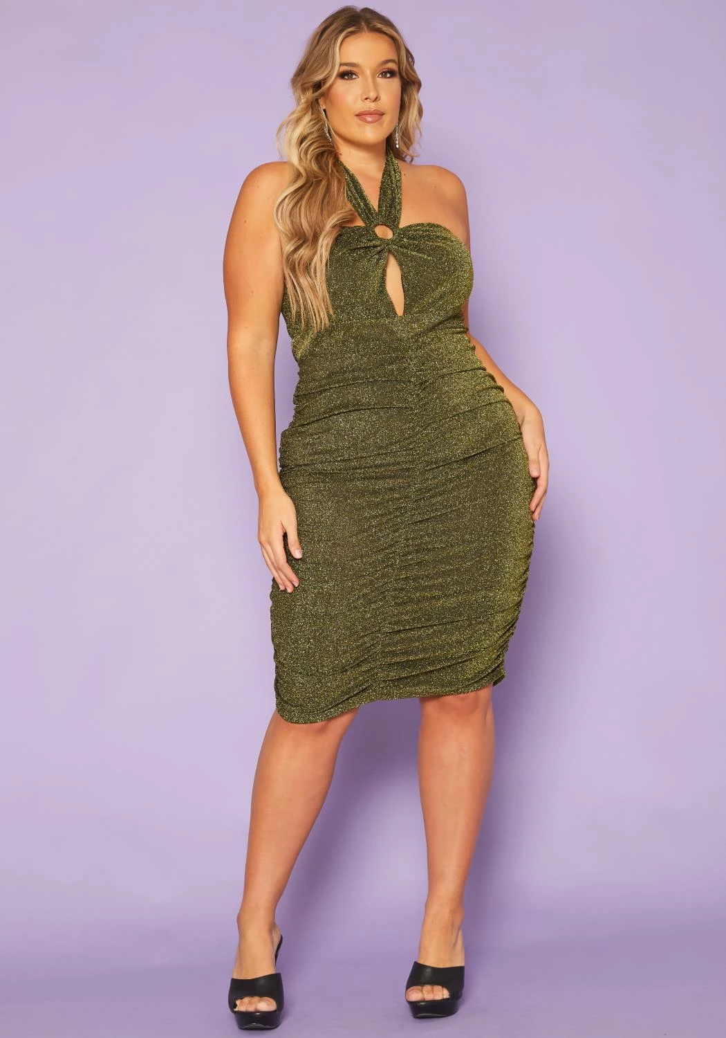 Plus Size Golden Shimmer Halter Neck Midi Dress 1 Plus Size Golden Shimmer Halter Neck Midi Dress