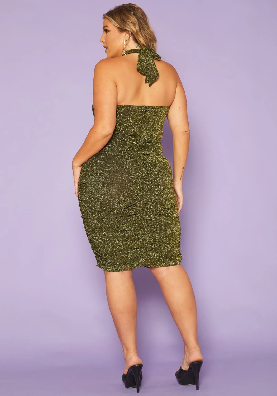 Plus Size Golden Shimmer Halter Neck Midi Dress 4 Plus Size Golden Shimmer Halter Neck Midi Dress - Image 4