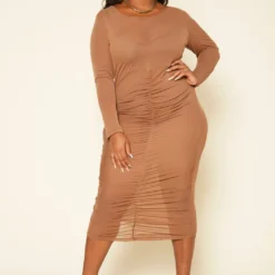 Plus Size Ruched Mesh Bodycon Midi Dress
