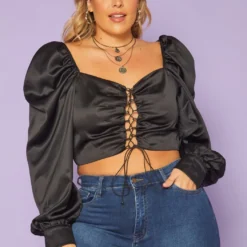 Plus Size Cross Lace Front Sweetheart Neck Crop Top
