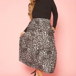 Plus Size Leopard Print Flare Maxi Skirt