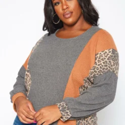 Plus Size Leopard Color Block Knit Sweater